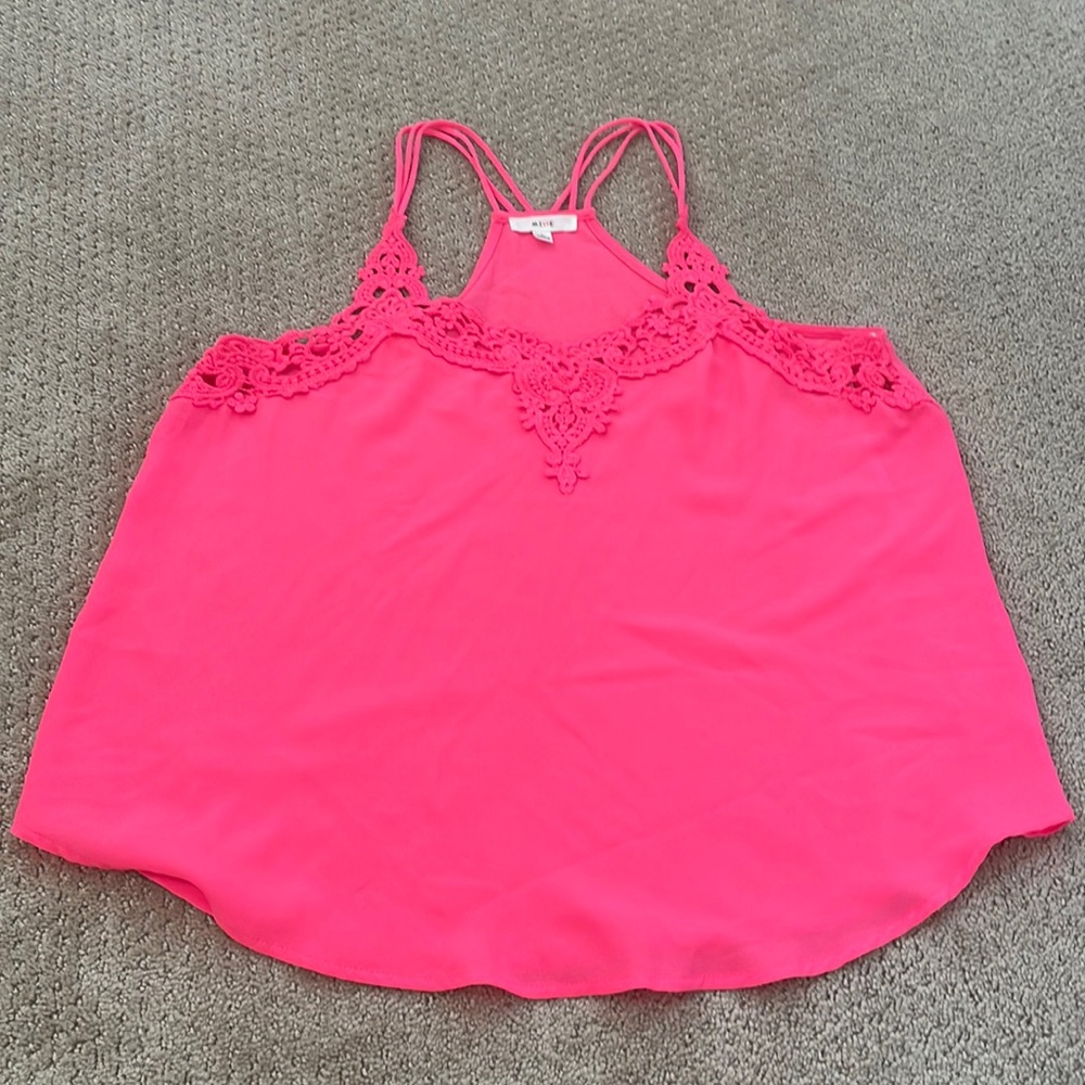 Hot Pink Flowy tank top with crochet neckline, L